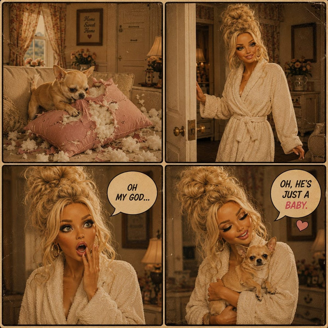 Rosie and Chihukapuka comic — destroyed pillows, oh he's just a baby