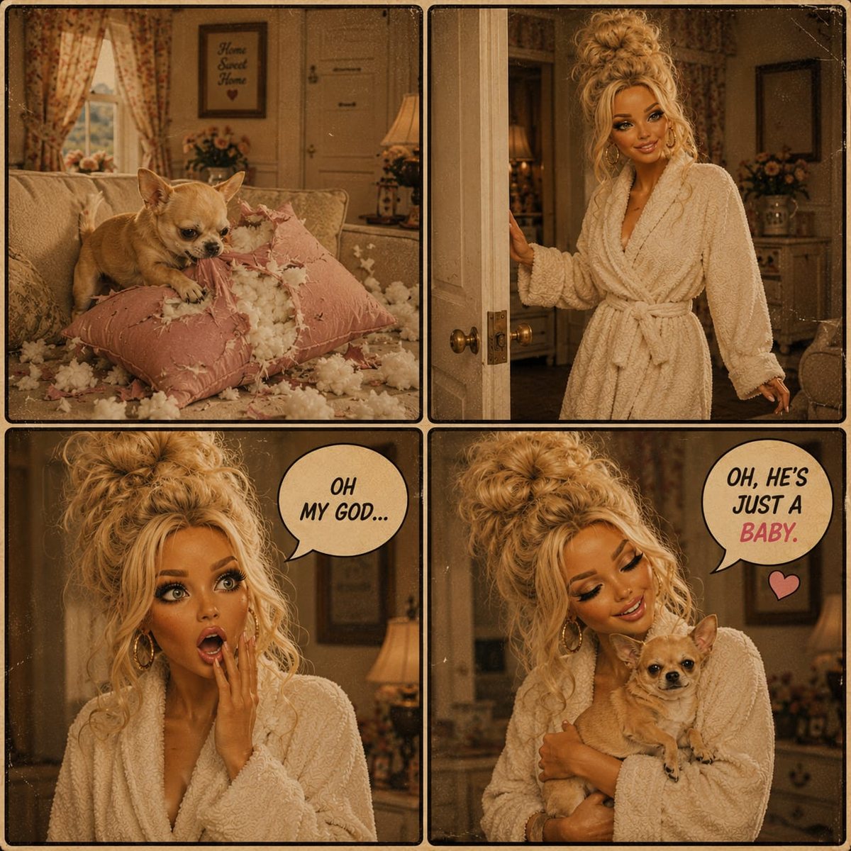 Rosie and Chihukapuka comic — destroyed pillows, oh he's just a baby