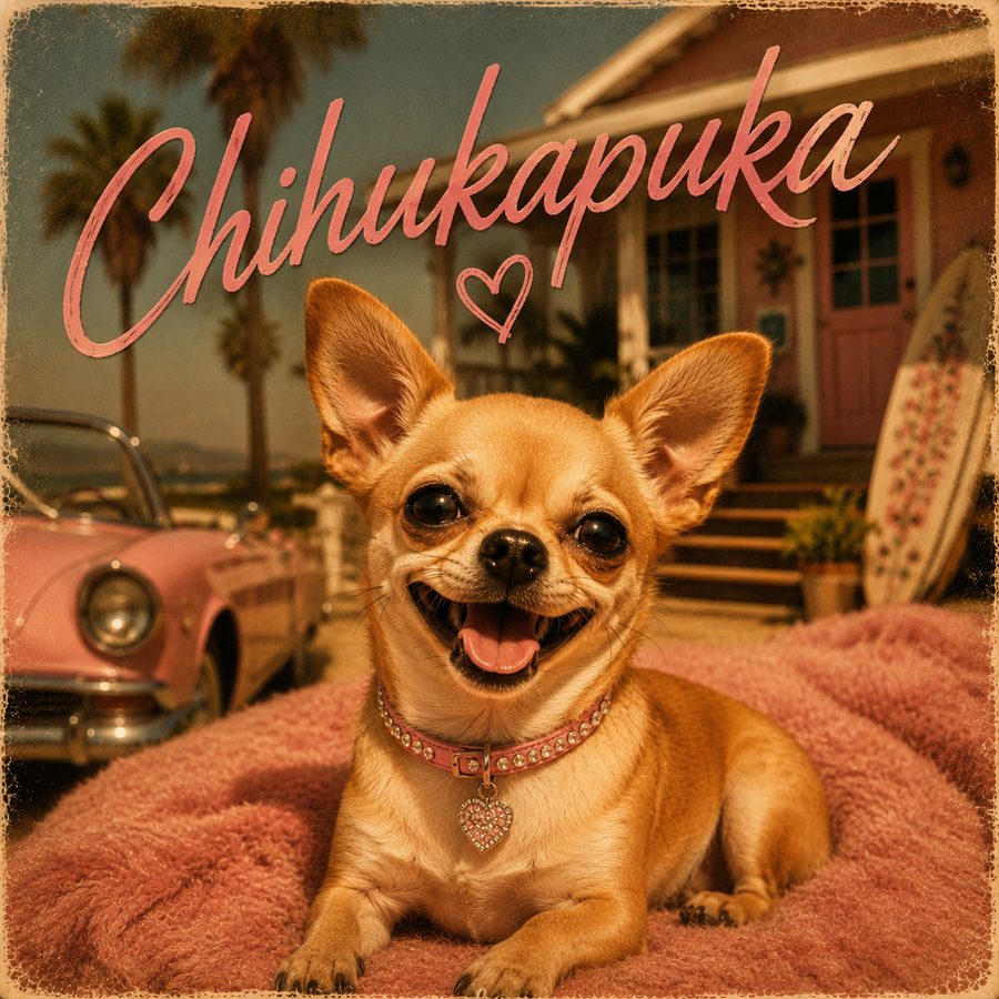 Chihukapuka — the happiest chihuahua on a pink blanket