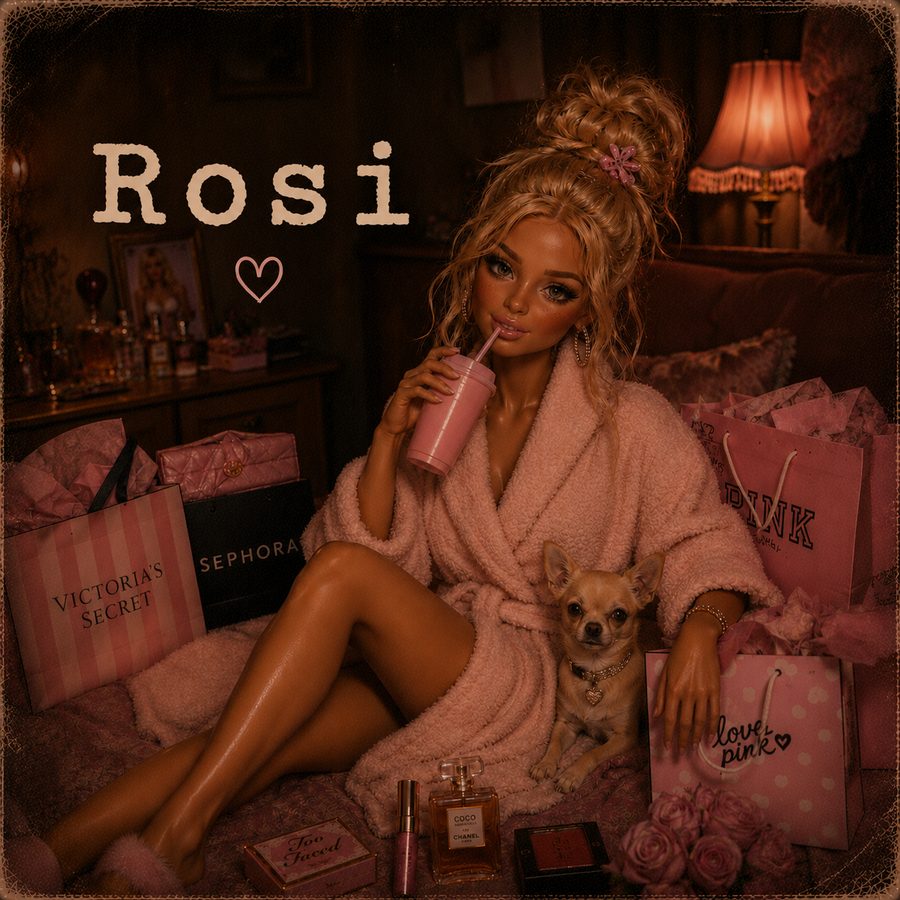 Rosi — pink darling with shopping bags and her chihuahua