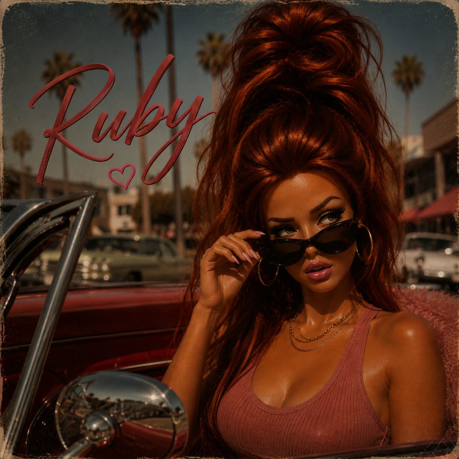 Ruby — darling in a red convertible, lowering her sunglasses
